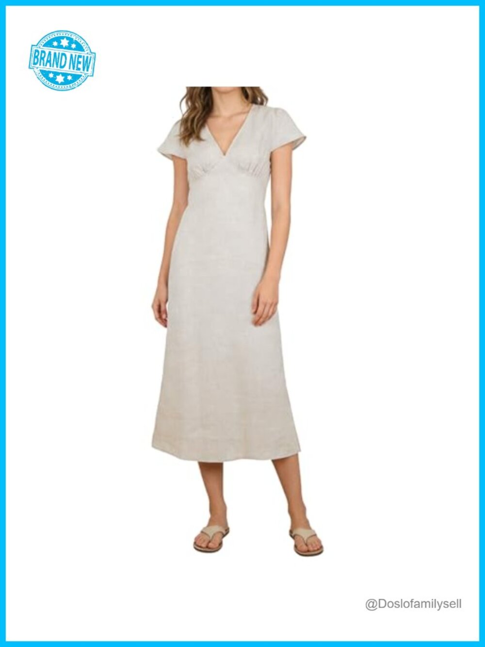 100% Linen Maxi Dress Cap Sleeve V-Neck Tie Belt Summer Beach